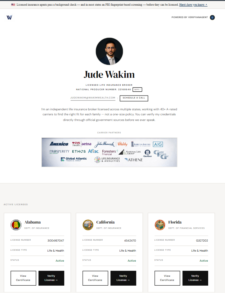 A VerifyAnAgent profile page: agent photo and name, licensed life insurance broker with national producer number, contact and scheduling links, carrier partners, and active state licence cards showing licence number, type and status with links to verify each one.